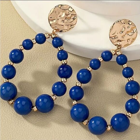 Blue & Gold Beaded Hoop Earrings - Picture 4 of 5